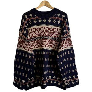 Vintage Sweater Men Large Navy Burgundy Cream 100% Wool Nordic FairIsle 90s Ski